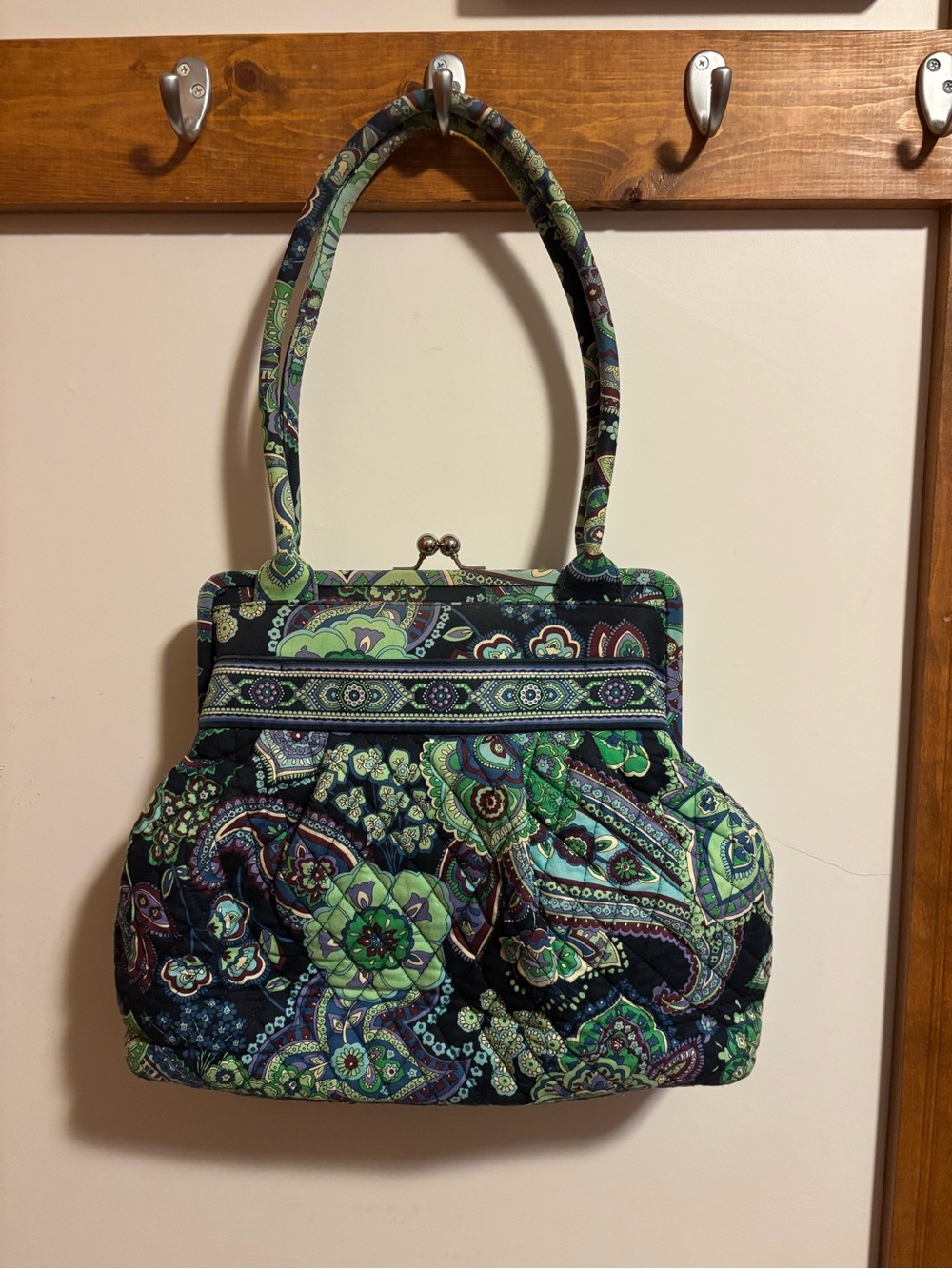 Vintage Vera Bradley Green Paisley Quilted Frame Satchel